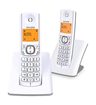 Alcatel F530 Duo - Téléphone sans fil DECT design aux coloris contemporains, Mains libres de qualité, Grand écran rétroéclairé ultra lisible, Sonneries VIP, 10 mélodies d'appel - Blanc/Gris