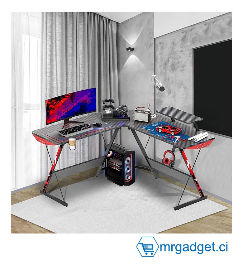 Table Gaming Rectangulaire - Bureau en forme de L, revêtement en fibre de carbone, bureau d'angle d'ordinateur avec grand support de moniteur pour bureau à domicile, poste de travail d'écriture robuste, bureau de jeu avec étagère, noir  MODEL #005