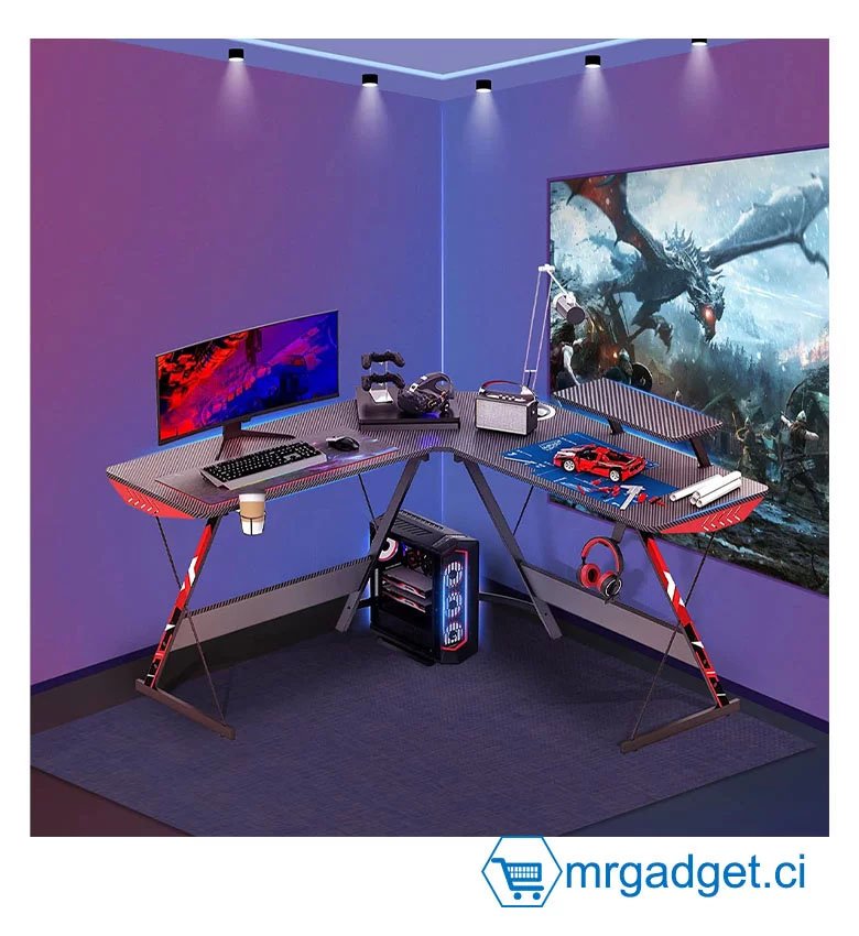 Table Gaming Rectangulaire - Bureau en forme de L, revêtement en fibre de carbone, bureau d'angle d'ordinateur avec grand support de moniteur pour bureau à domicile, poste de travail d'écriture robuste, bureau de jeu avec étagère, noir  MODEL #005