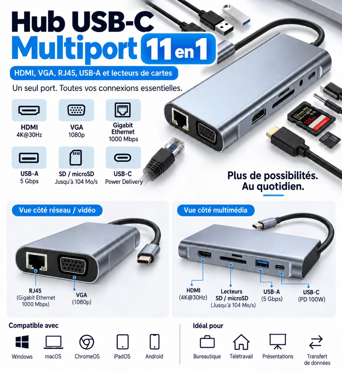 Hub USB-C 11 en 1 avec HDMI 4K, RJ45 Gigabit, USB 3.0, Lecteur SD/TF, Audio 3,5 mm et Charge PD