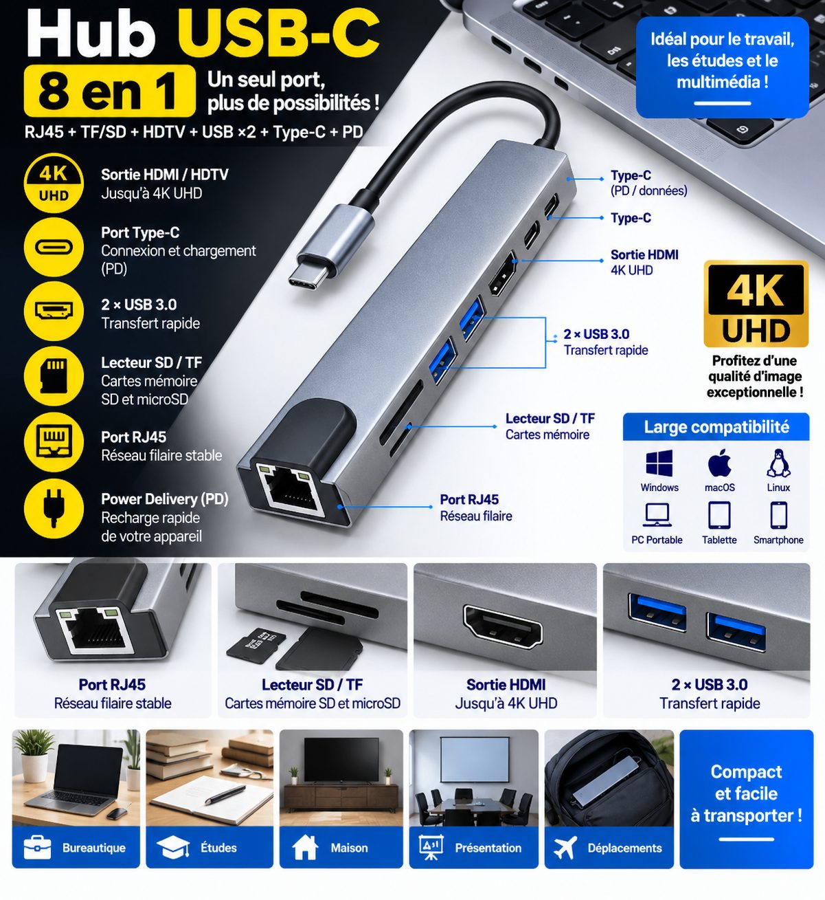 Hub USB-C 8 en 1 avec HDMI 4K, RJ45 Ethernet, USB 3.0, Lecteur SD/TF, Type-C et PD pour PC Portable MacBook