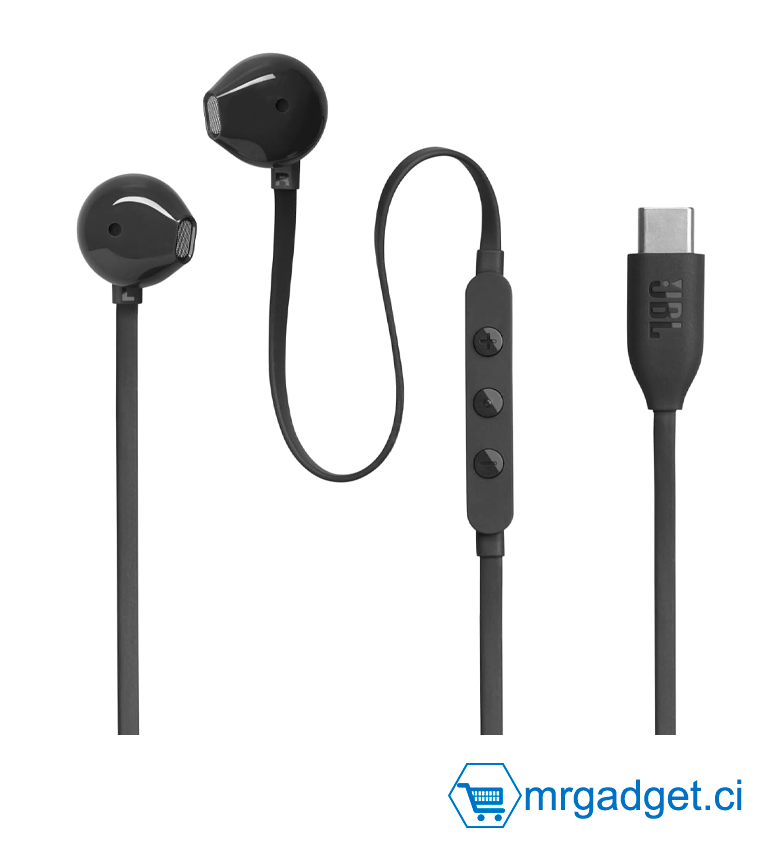 JBL Tune 305C - Écouteurs filaires USB-C haute résolution avec micro, câble plat anti-nœuds, télécommande 3 boutons, Noir