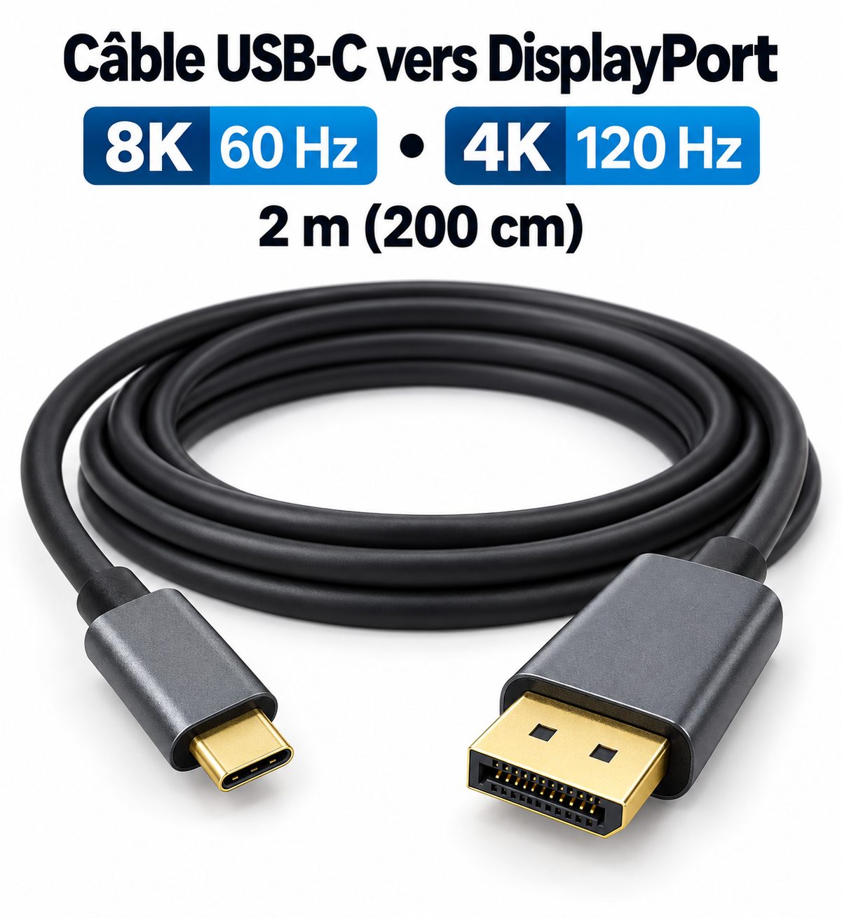 Câble USB-C vers DisplayPort 2 m – 4K 120 Hz / 8K 60 Hz pour ordinateur et moniteur
