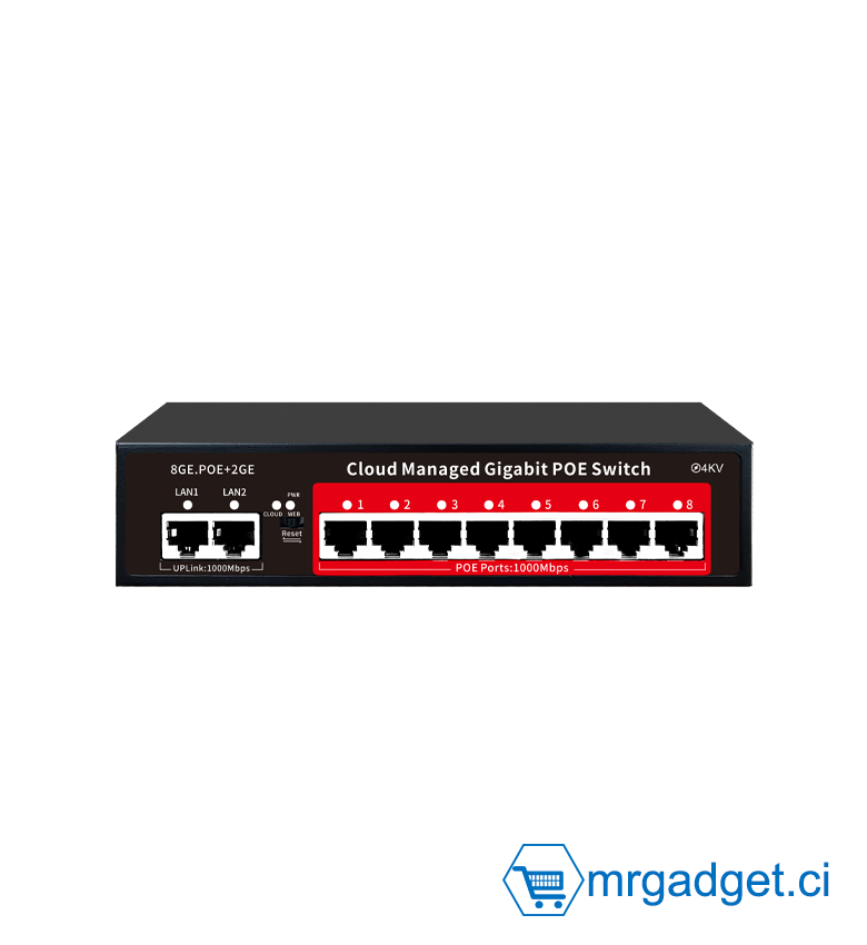 Switch - Commutateur PoE+ 8 Ports Full Gigabit GPS208 - Cloud Managed - 8x 1000Mbps PoE + 2 Uplink Gigabit - Puissance 120W - Standard IEEE 802.3af/at - Idéal Vidéosurveillance 4K, Wi-Fi 6 & Streaming - Boîtier Métal Robuste - Plug & Play