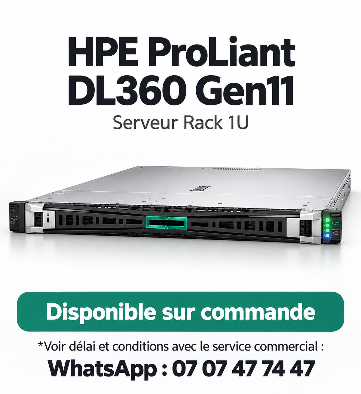 HPE ProLiant DL360 Gen11 – Serveur Rack 1U, Intel Xeon Silver 4510 12 Cœurs, 64 Go DDR5, 2 × 960 Go SSD, 8 Baies SFF