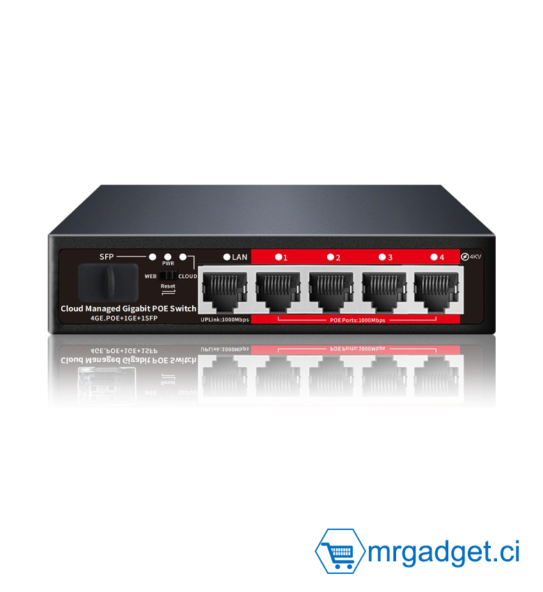 Switch - Switch Commutateur PoE+ 4 Ports Full Gigabit GPS204 - Cloud Managed - 4x 1000Mbps PoE + 1 Uplink Gigabit + 1 SFP - Puissance 52W - Idéal Vidéosurveillance 4K, Wi-Fi 6 & Réseaux Fibre - Boîtier Métal Robuste - Installation Professionnelle