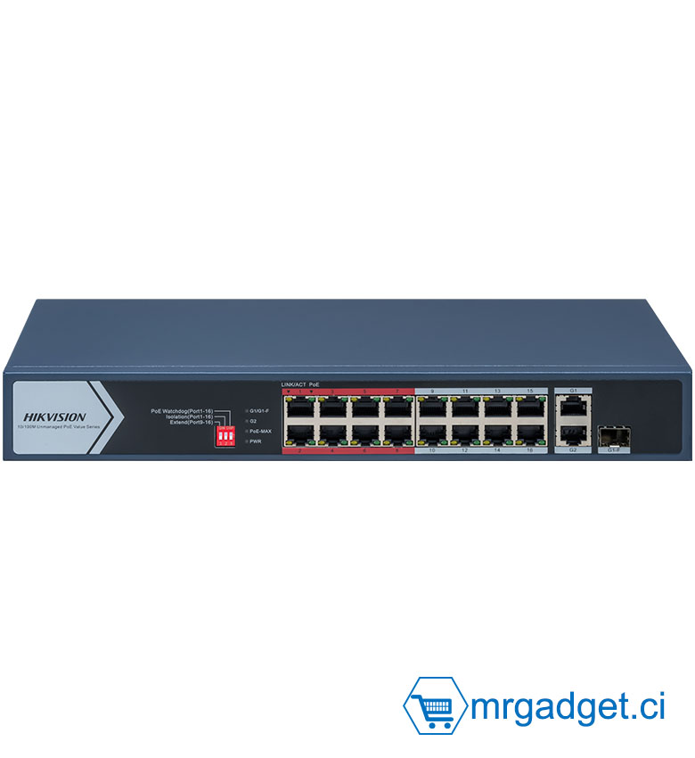 Hikvision DS-3E0318P-E/M(C) - Switch PoE 18 Ports (16x PoE 100M 130W + 2x Uplink Gigabit Combo) - Mode Extend 300m - Isolation VLAN - Priorité Ports 1-8 - Protection Surtension 6kV - Idéal Vidéosurveillance Caméra IP Pro