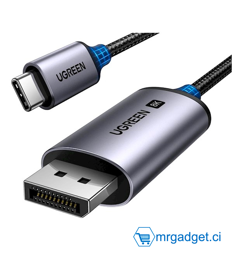 UGREEN CM556 25158 Câble tressé UGreen 25158 USB-C mâle vers DisplayPort 1.4 mâle de 2 m avec connecteurs nickelés 8K à 60 Hz - Noir #10103