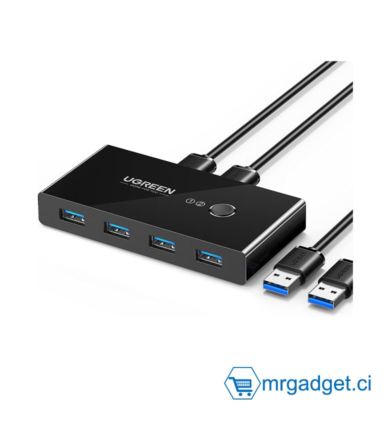 UGREEN Switch USB 3.0 avec 4 Ports USB pour 2 PC, 2 Entrées 4 Sorties, USB Switch Commutateur pour Clavier Souris Clé USB Disque Dur Externe Imprimante Scanner, 2 Câbles USB 3.0 Inclus  #10049