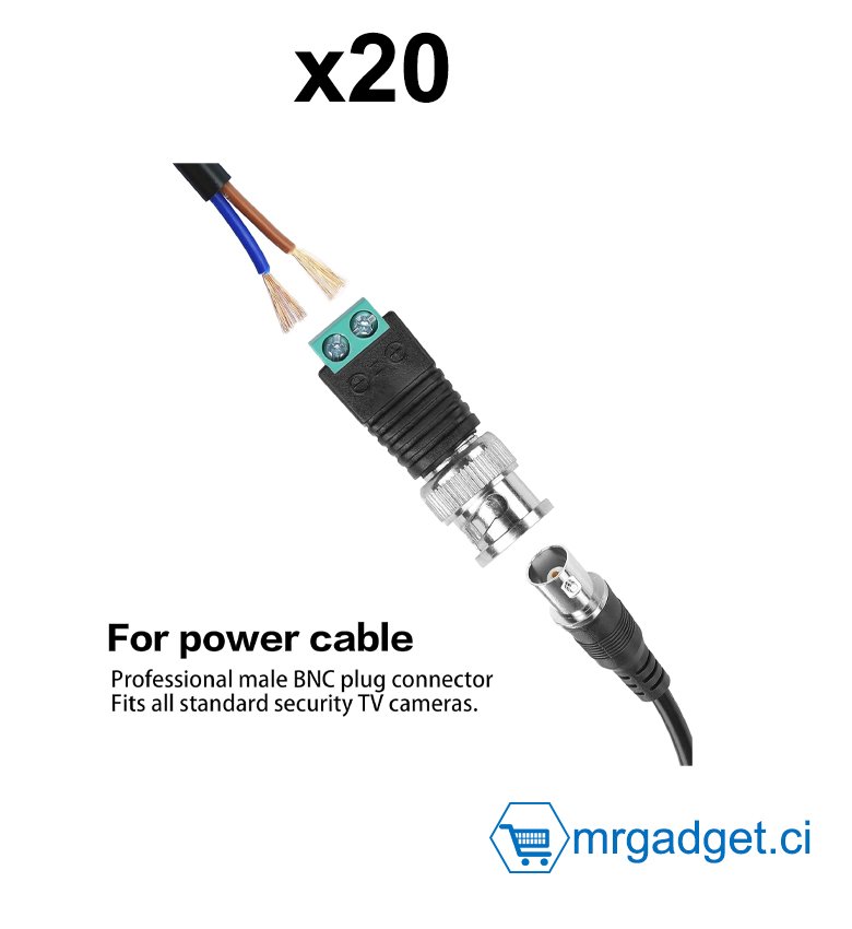 Lot de 20 adaptateurs BNC vers Cat5e BNC mâle vers connecteur sans soudure BNC vidéo Balun connecteur pour câble de surveillance CCTV haut-parleur Ethernet