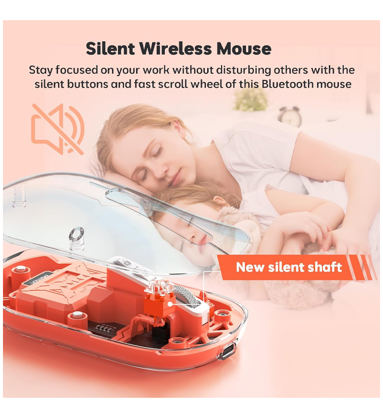 Souris sans fil MEETION BTM005  Orange , souris Bluetooth rechargeable, double mode (2,4 G + BT5.1), souris fine transparente avec clic silencieux, 4 DPI réglables, souris portable pour PC, ordinateur portable, ordinateur, Mac Book/iPad pro,