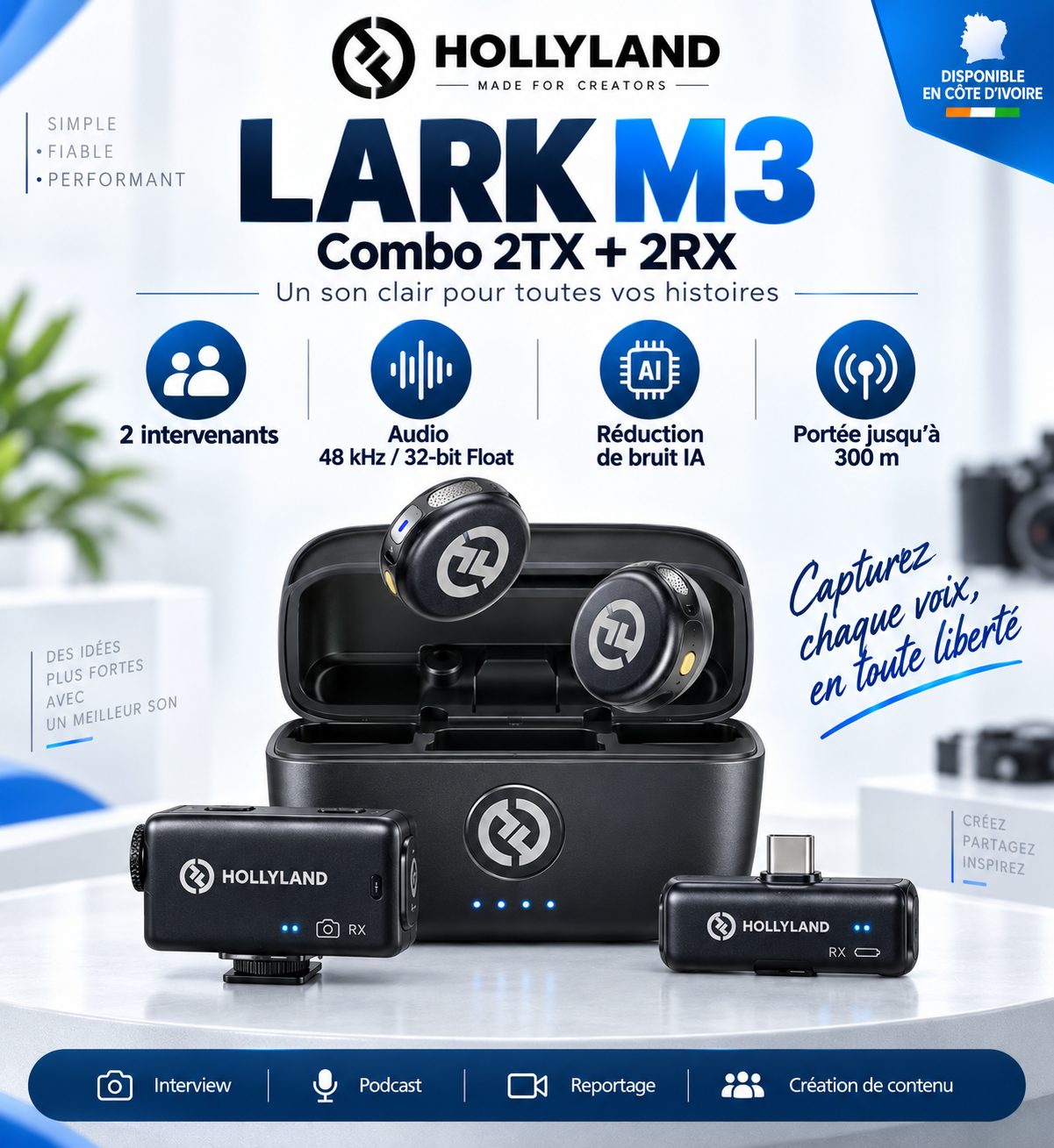 Hollyland LARK M3 Combo 2TX + 2RX – Micro Sans Fil 32-bit Float, USB-C & Caméra, Réduction de Bruit IA, Portée 300 m