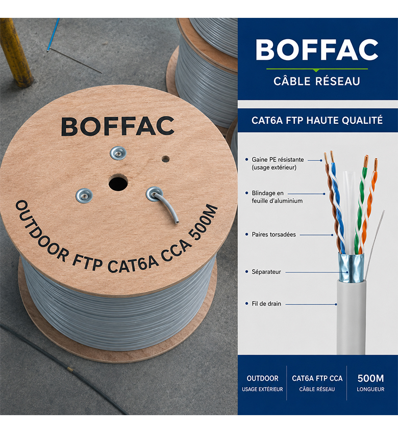 Câble Réseau BOFFAC CAT6A FTP Outdoor CCA 500 m – Câble Ethernet Blindé Extérieur Gris