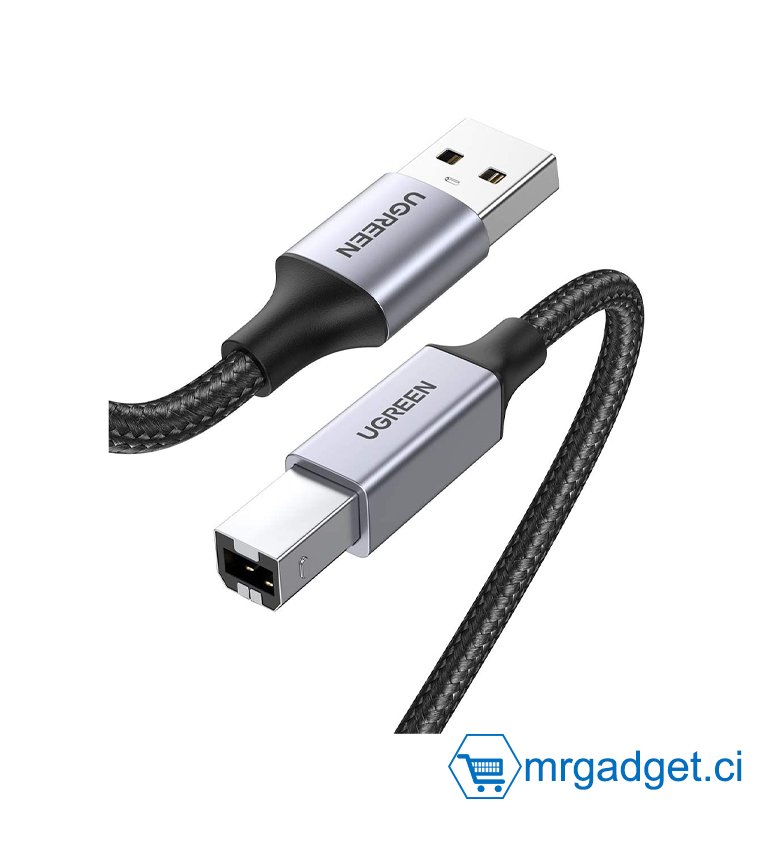 UGREEN Câble d'imprimante  de  5 mètres (5m)  , câble tressé USB 2.0 A vers USB B mâle compatible avec les imprimantes et scanners USB de type B Epson, HP DeskJet/Envy, Canon, Lexmark, Samsung, Dell, piano numérique #10054