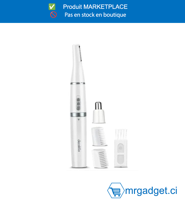 DECAKILA- KMHR024W-TONDEUSE A SOURCILS 2 EN  1 ,Lame détachable polyvalente,Avec 1 tête de coupe-sourcils Avec 1 tête de  coupe-nez Avec 2 peignes à sourcils Avec 1  petite brosse de nettoyage Fonctionne avec une  pile AAA (non incluse)