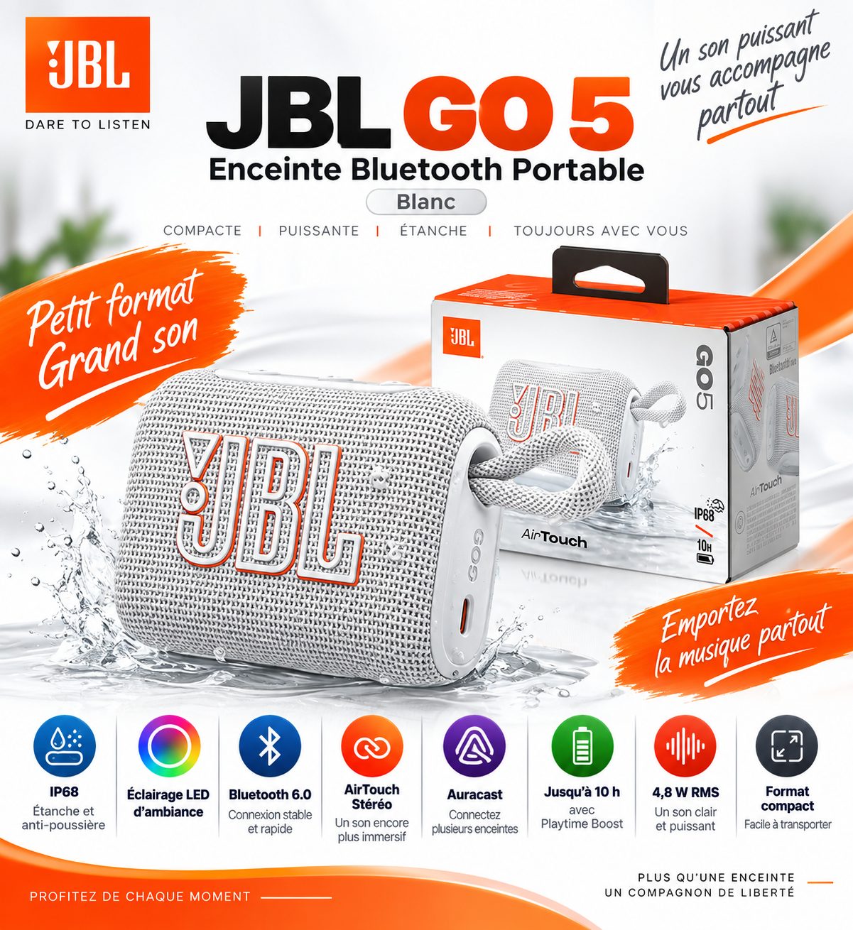 JBL GO 5 Blanc – Enceinte Bluetooth Portable IP68 avec Éclairage LED, Son JBL, Auracast, USB-C & Autonomie 10 h