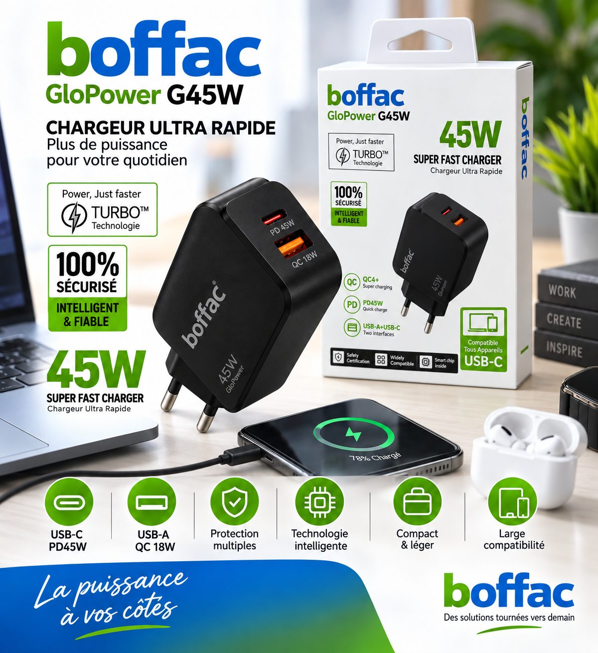 Chargeur Rapide Boffac GloPower G45W 45W USB-C PD + USB-A QC 18W – Double Port pour Smartphone, Tablette et PC Portable - Cable 100cm inclus