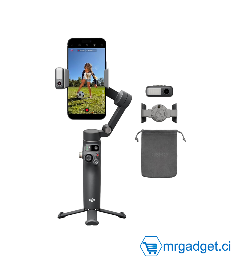 DJI Osmo Mobile 8 Nacelle stabilisatrice pour Smartphone , Suivi natif avec Audio et éclairage, Rotation panoramique à 360°, Batterie de 10 h, Barre d’Extension, stabilisation 3 Axes Robuste