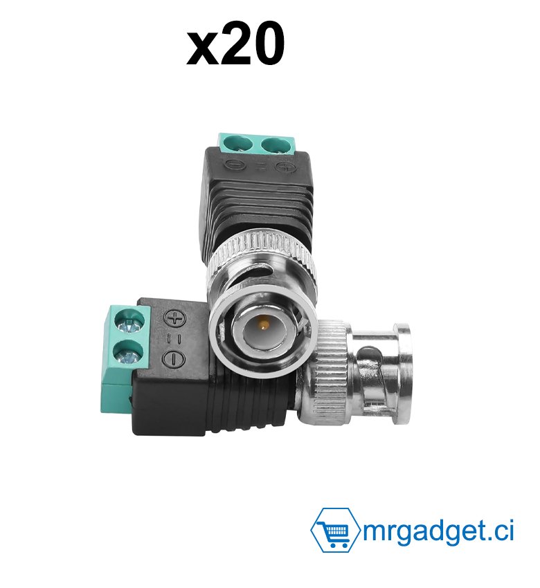 Lot de 20 adaptateurs BNC vers Cat5e BNC mâle vers connecteur sans soudure BNC vidéo Balun connecteur pour câble de surveillance CCTV haut-parleur Ethernet