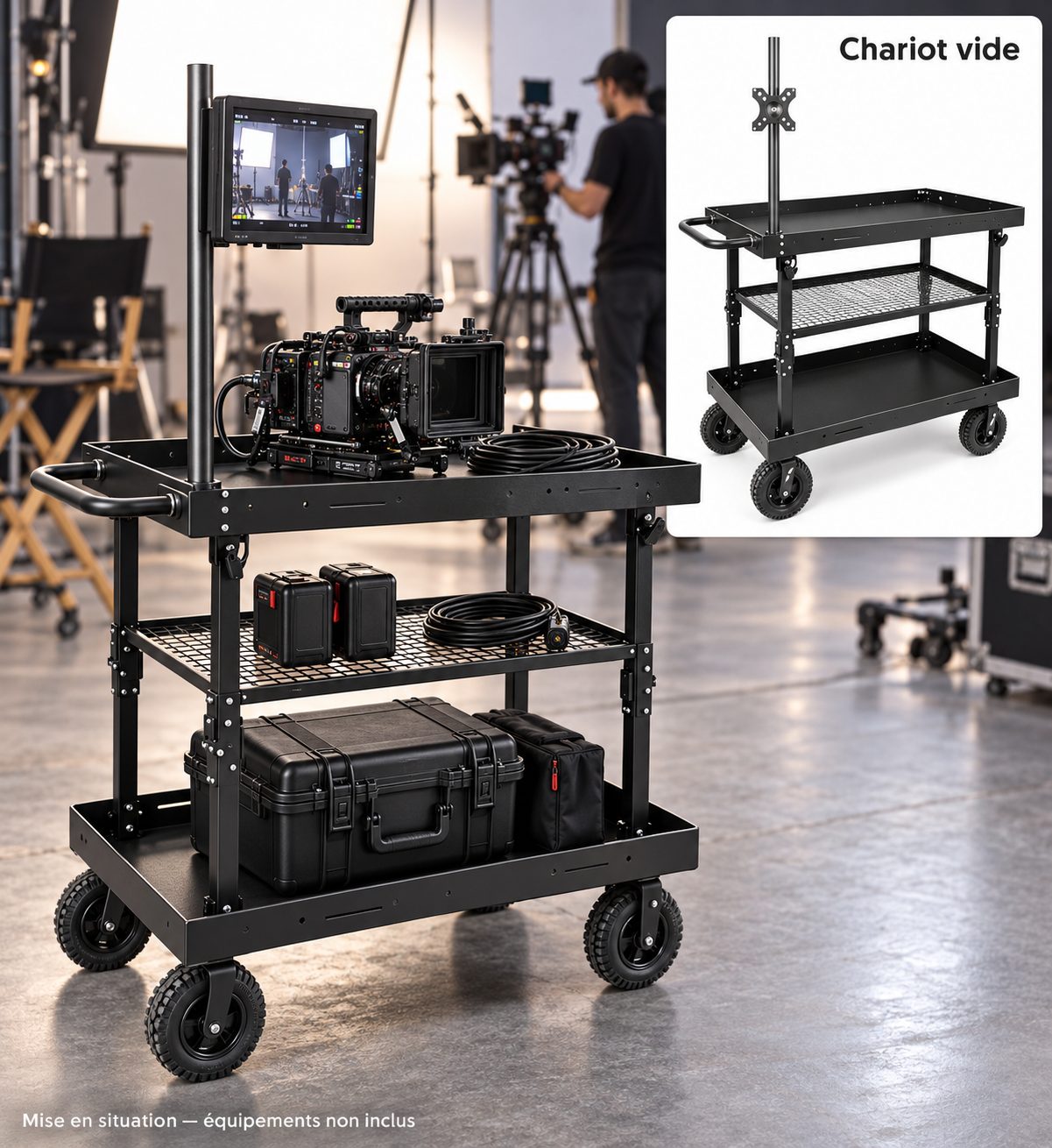 SHOWRAY SR-S570P – Chariot de Réalisateur Pliable, 3 Niveaux avec Support Moniteur, 70 × 50 × 93 cm – Noir