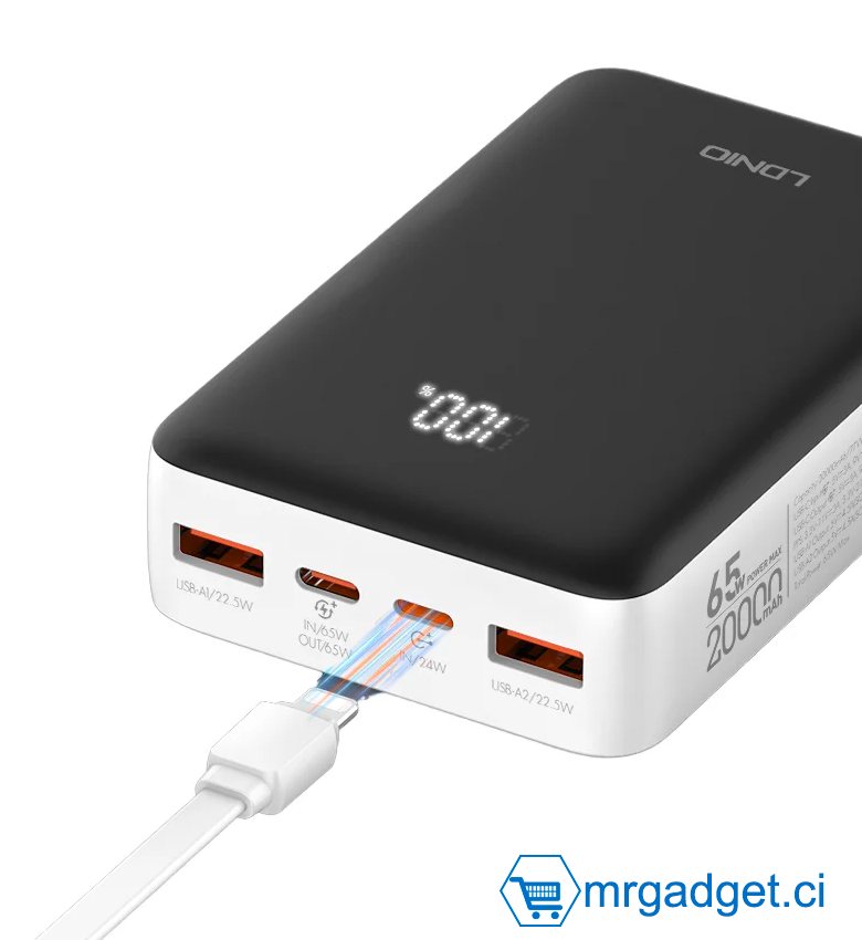 LDNIO PQ27 Powerbank de plus grande capacité 20000mah Portable PD 65W - Charge rapide 65W (Smartphone et ordinateur)