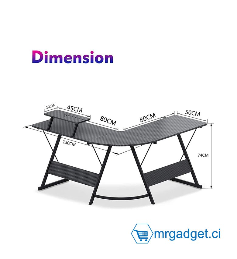 Table Gaming Rectangulaire - Bureau en forme de L, revêtement en fibre de carbone, bureau d'angle d'ordinateur avec grand support de moniteur pour bureau à domicile, poste de travail d'écriture robuste, bureau de jeu avec étagère, noir  MODEL #005
