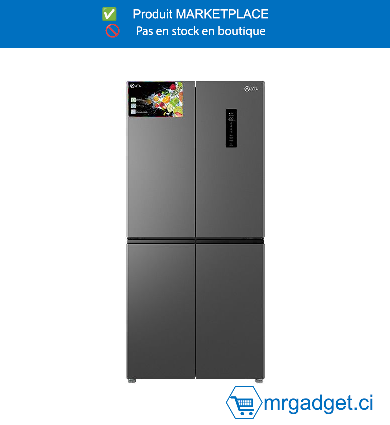 Réfrigérateur Américain ATL 4 Portes 364L - No-Frost - Moteur Inverter Économe  - Coloris Silver -  R600a - Design Moderne & Organisation Optimisée - Modèle ATL-4A435