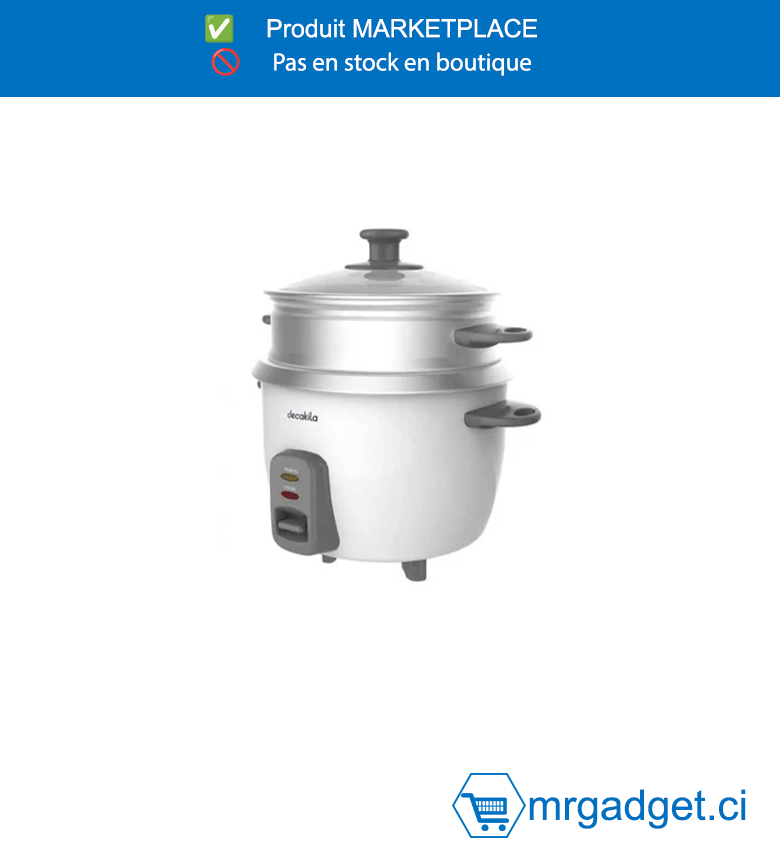 DECAKILA CUISEUR DE RIZ - KEER020W - Capacité : 0,6 L (3 tasses crues, 6 tasses cuites)  Tension : 220-240 V 50-60 Hz Puissance : 350 W  Pot intérieur : 160 g Plaque chauffante : 240 g  Pot intérieur avec revêtement antiadhésif