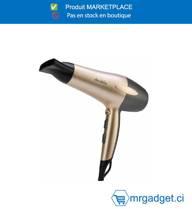 DECAKILA-KEHS011W-SECHE CHEVEUX AVEC  FONCTION  IONIQUE 2200W  , 3 réglages de chaleur  Bouton de tir à froid Embout amovible Crochet  de suspension Avec cordon de 1,8 M Taille: 226  * 87 * 260 mm Avec 1 buse Avec 1 diffuseur  Emballé par boîte de couleur