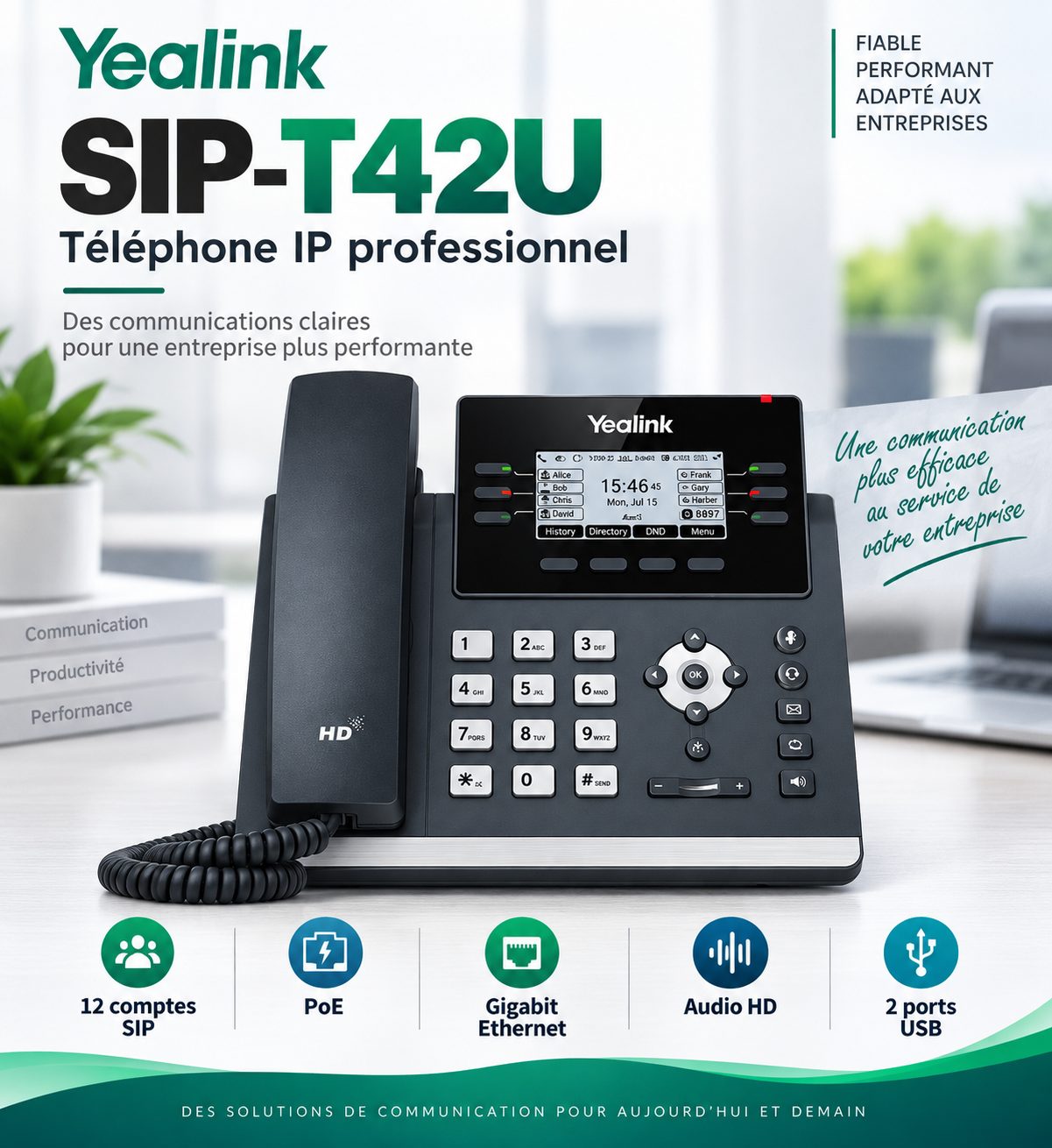 Téléphone IP VoIP Yealink SIP-T42U – 12 Comptes SIP, PoE, Gigabit Ethernet, Audio HD pour Entreprise