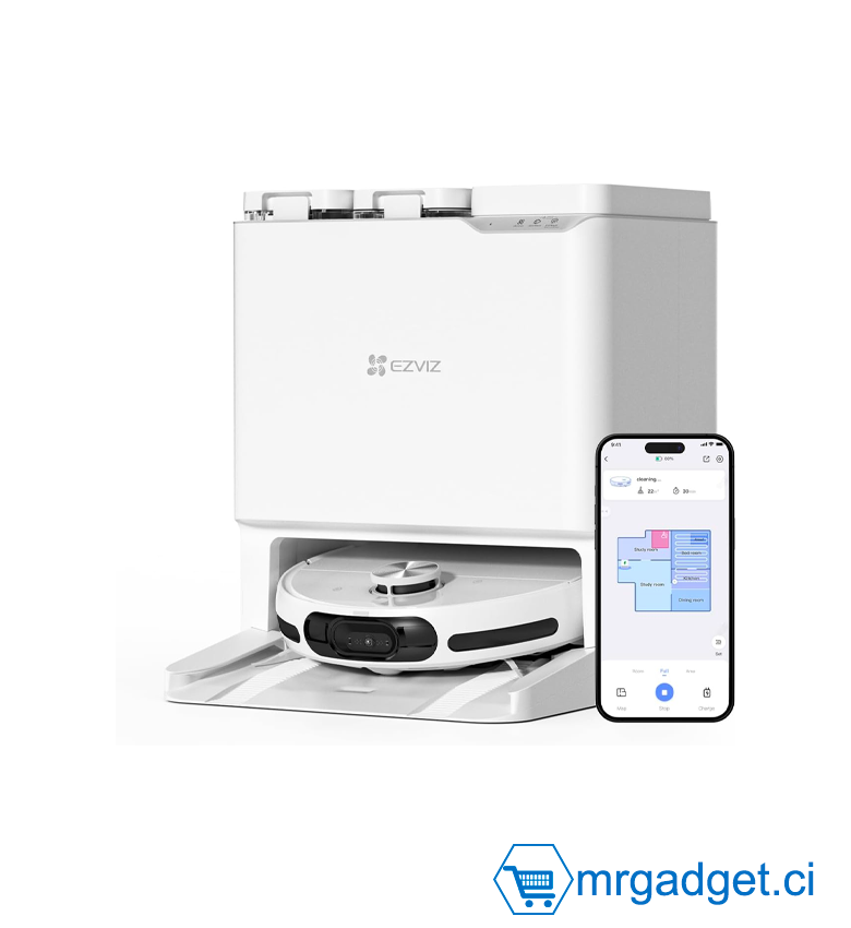 EZVIZ RS20 Pro Robot Aspirateur avec Serpillière Installation & Détachement Automatique, Brosse Latérale Surélevée, 7200 Pa, Nettoyage à l'eau Chaude 60°C, Séchage à l'Air Chaud, Balayage des Bords