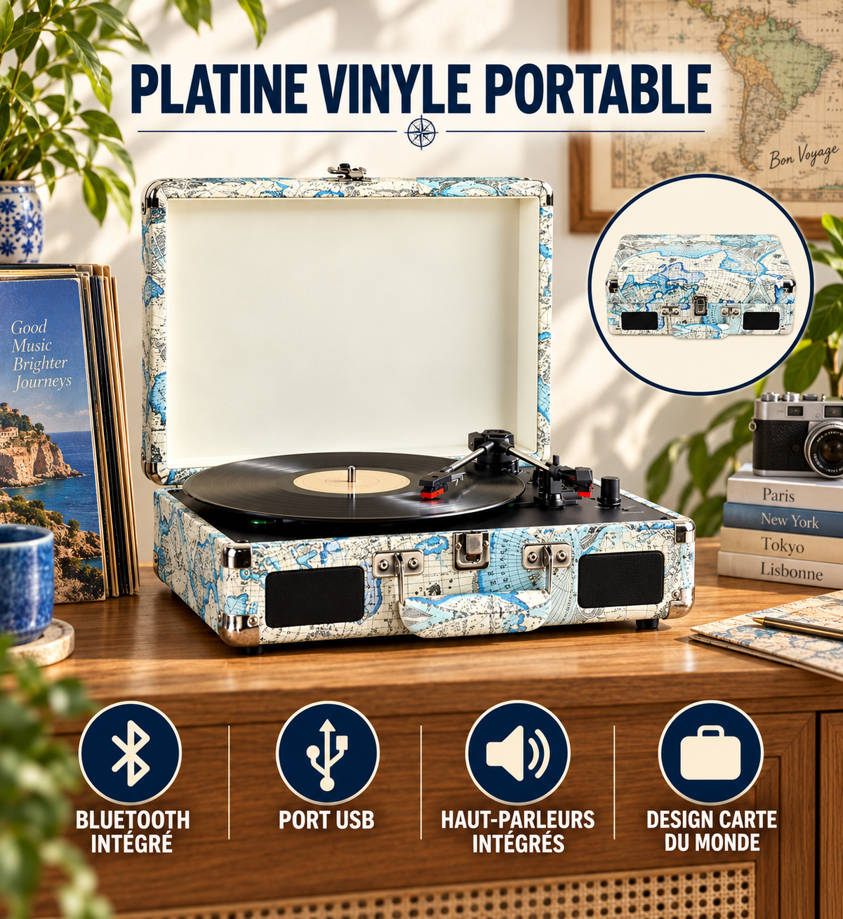Platine Vinyle Portable Bluetooth avec Port USB et Haut-Parleurs – Valise Carte du Monde