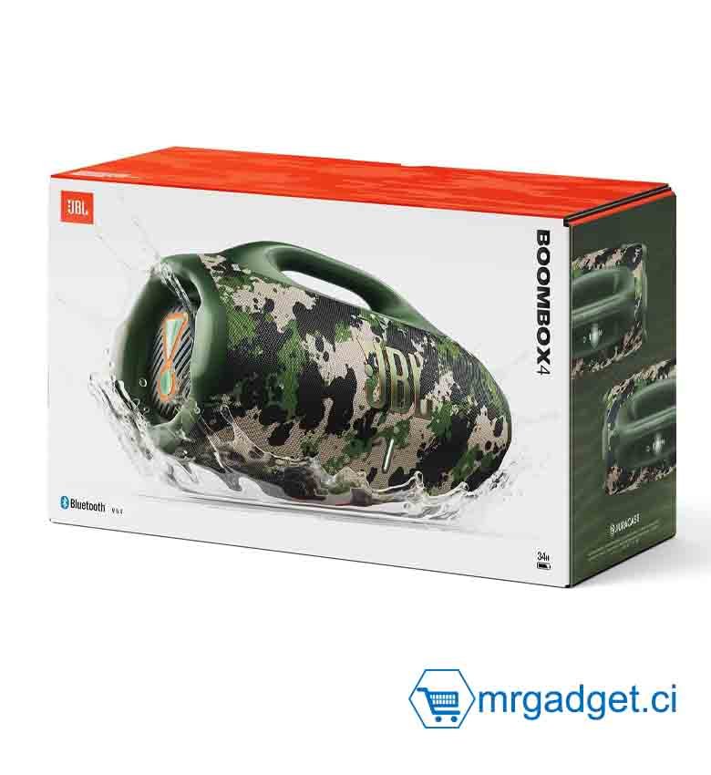 JBL Boombox 4, Enceinte Bluetooth Portable, Son JBL Pro, AI Sound Boost, étanchéité et résistance à la poussière IP68, jusqu'à 34 h d’autonomie, Connexion Multi-Enceintes Auracast, Camouflage