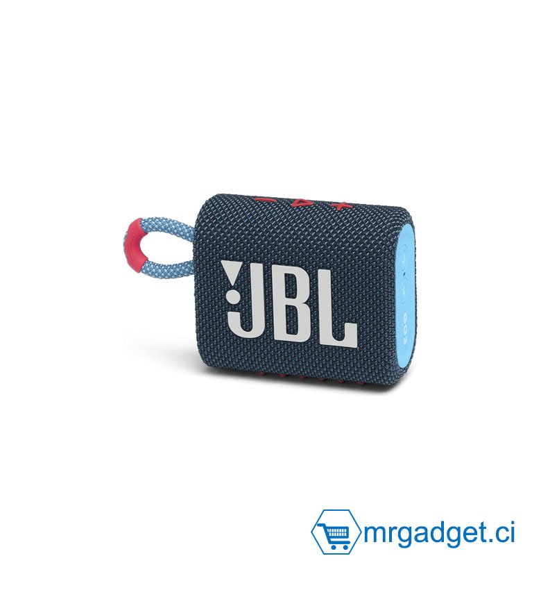 JBL GO 3 – Enceinte Bluetooth portable et légère, aux basses intenses et au style audacieux – Étanche à l’eau et à la poussière – Autonomie 5 hrs – BLEU Logo blanc (Blue)