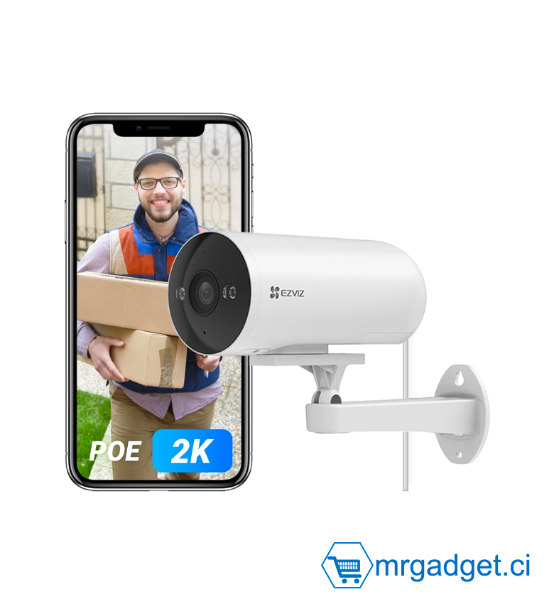 EZVIZ H5 POE 2K Caméra de Surveillance WiFi Extérieure avec Détection de Personne/véhicule, Vision Nocturne en Couleur, Alarme Sirène et Flash, Audio Bidirectionnel, H.265, Compatible Alexa, IP67