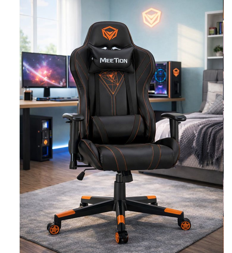 Meetion CHR15 Black Edition - Chaise de bureau - Fauteuil de Bureau Confortable Pivotant 360 degrés - Hauteur réglable avec Dossier inclinable à 180 ° - Accoudoir et Repose-tête -  Back / Orange