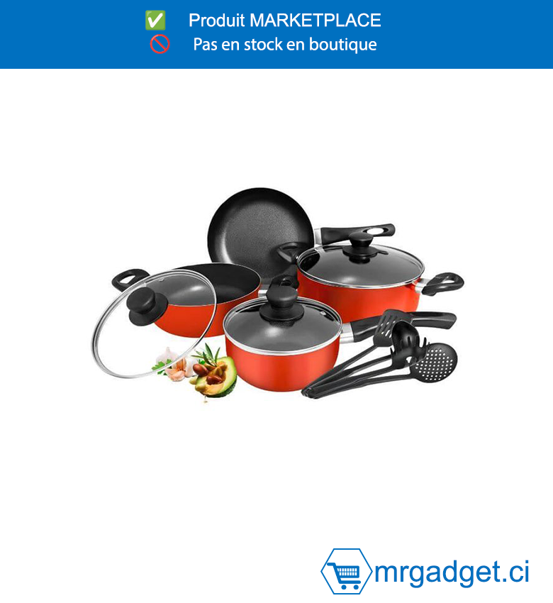 DECAKILA LOT DE POELE & CASSEROLE - KMEP006B - En aluminium Lot de  11 pièces Casserole de 6 pouces, 8 pouces, 8,5 pouces avec couvercle et Poêle à frire de 8,5 pouces et 4 spatules en nylon Revêtements antiadhésifs Epaisseur : 2,1 mm