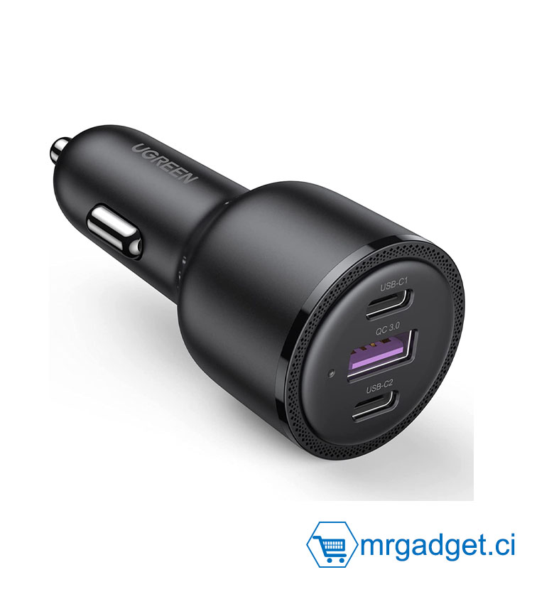 UGREEN Chargeur Voiture 69 W - 3 Ports, PD 60W USB-C, Charge Rapide 3.0 - iPhone 14 Pro Max, iPad Pro, MacBook