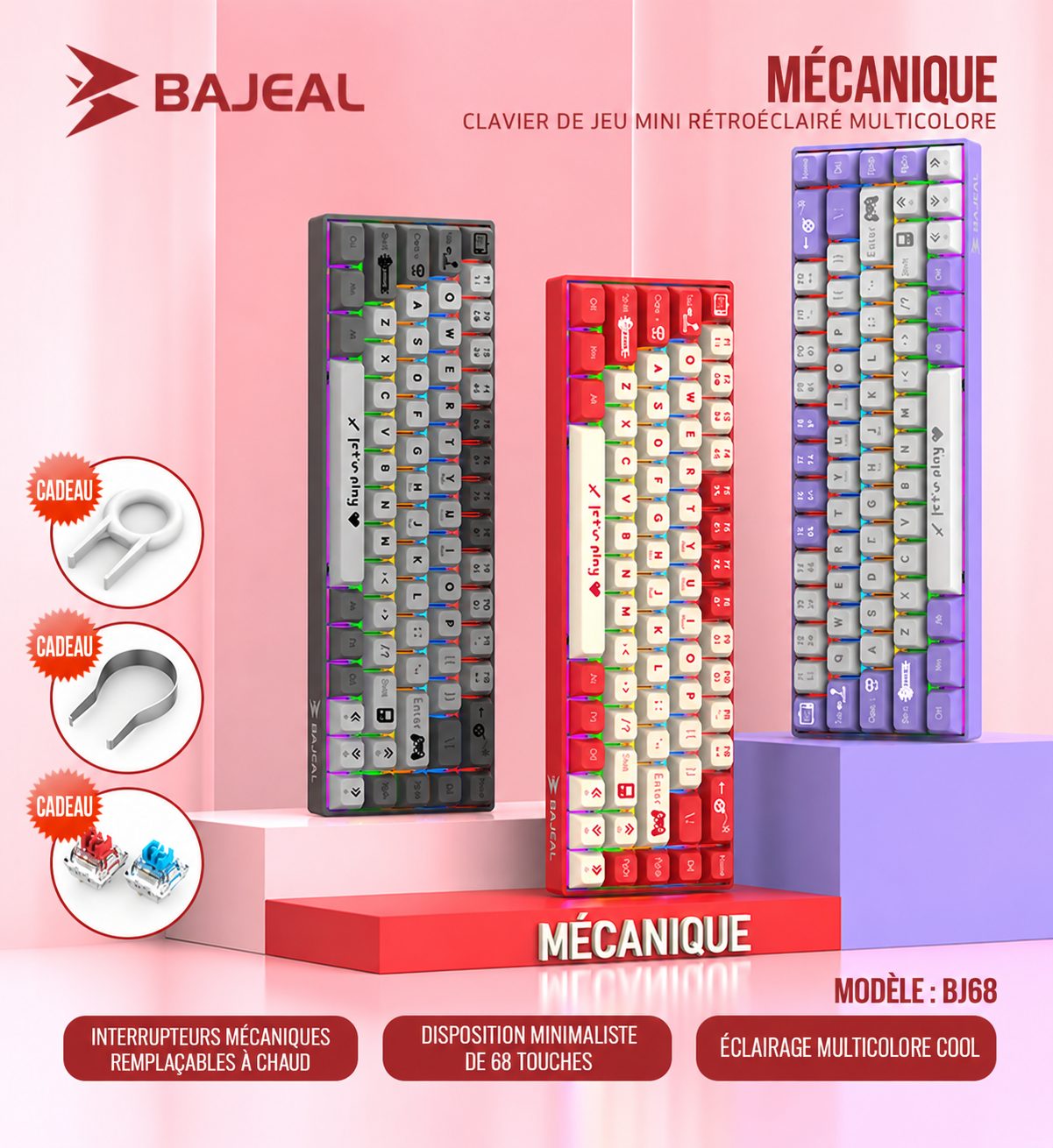 BAJEAL BJ68 – Clavier mécanique gaming filaire USB-C, 68 touches QWERTY, rétroéclairage multicolore – Vérifiez la disponibilité de la couleur avec l’équipe commerciale