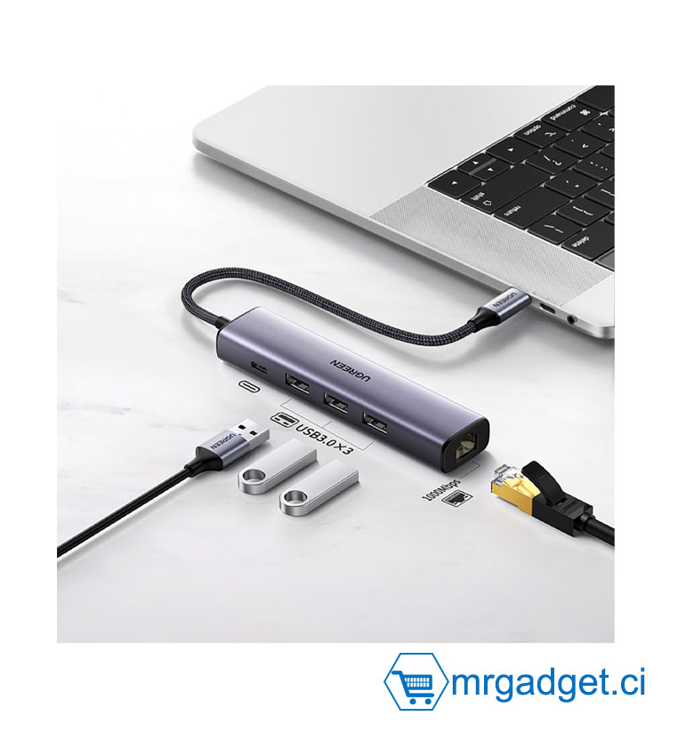 UGREEN Hub USB-C vers Ethernet - Convertisseur RJ45 10/100/1000 Gigabit, 3 Ports - MacBook, iMac, Surface Pro, Chromebook
