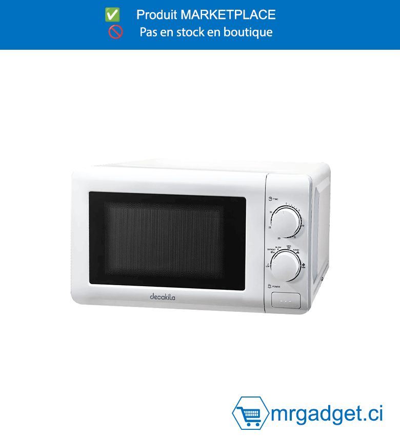DECAKILA MICRO-ONDES - KEMC007W - Tension : 220-240 V 50 Hz. Capacité : 20 L (0,7 pi3) Entrée micro-ondes : 1150 W Puissance micro-ondes : 700 W Minuterie de cuisson de 30 minutes