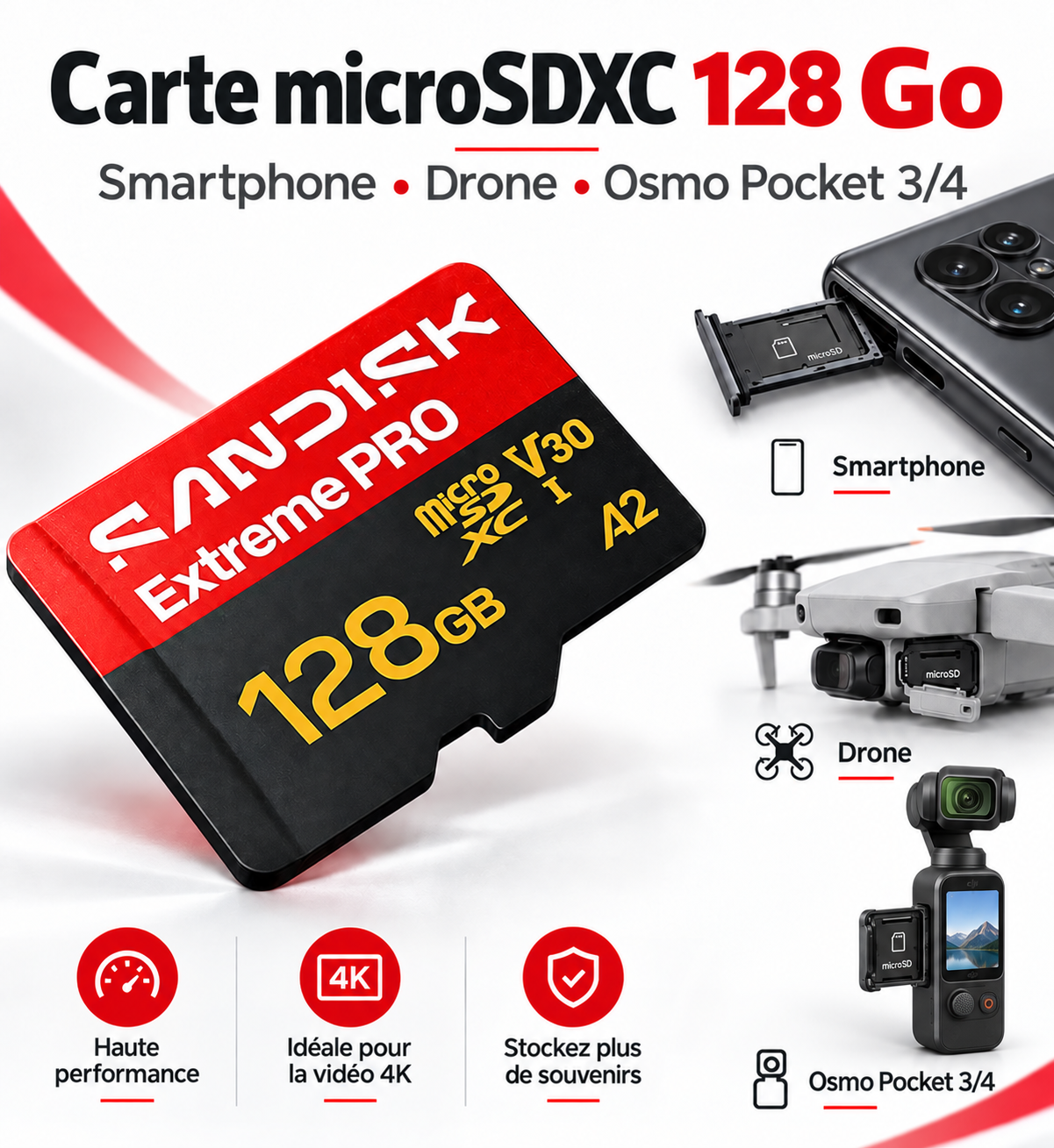SANDISK Extreme Pro Carte UHS-I microSD + SD Adapter, 128 Go (Vitesses de Lecture allant Jusqu’à 250 Mo/s et d’écriture Jusqu’à 120 Mo/s, 5K, 3K, 4K UHD, C10, V30, U3, A2)