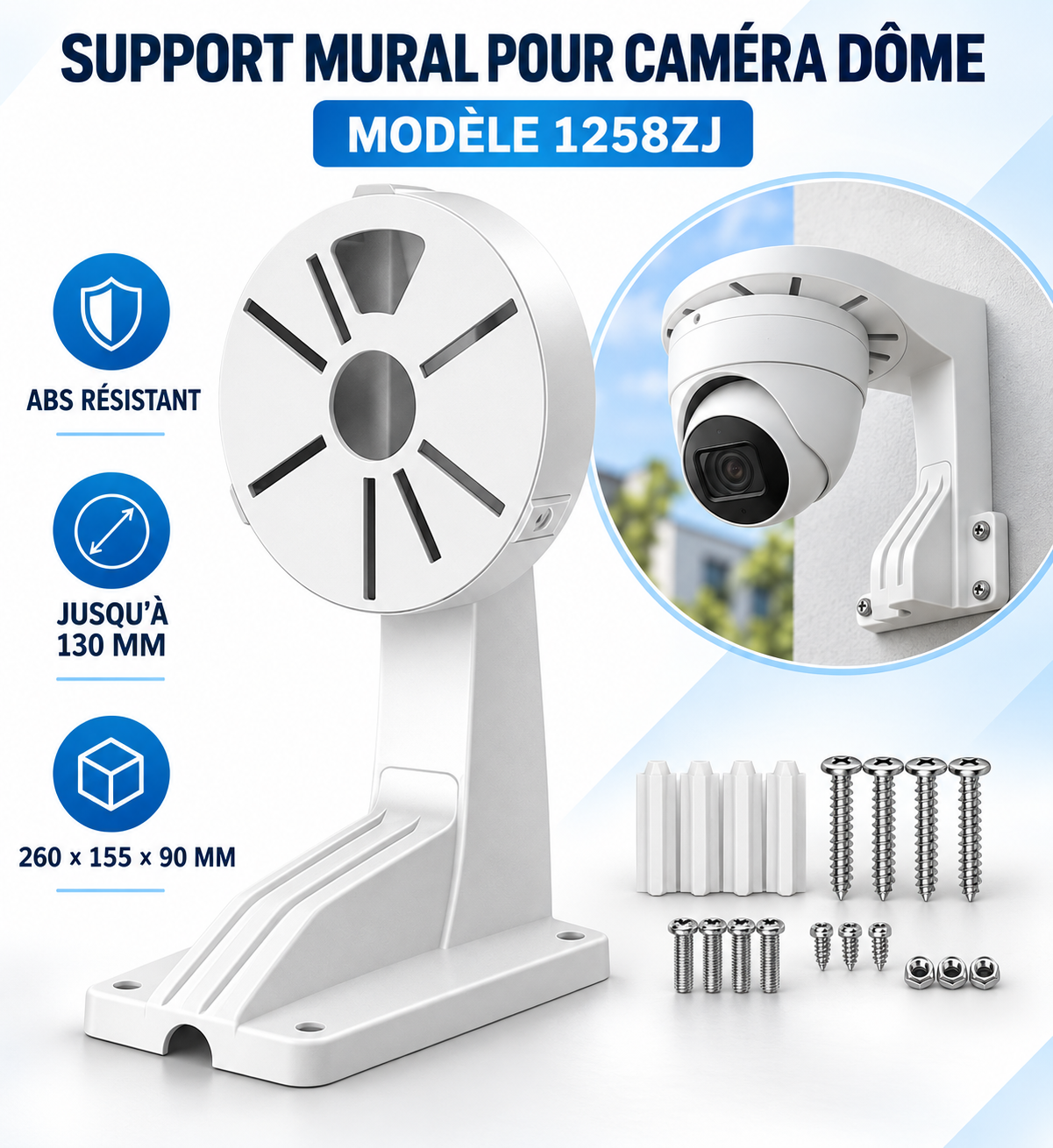 Support Mural 1258ZJ pour Caméra Dôme et Turret jusqu’à 130 mm - Boite de jonction