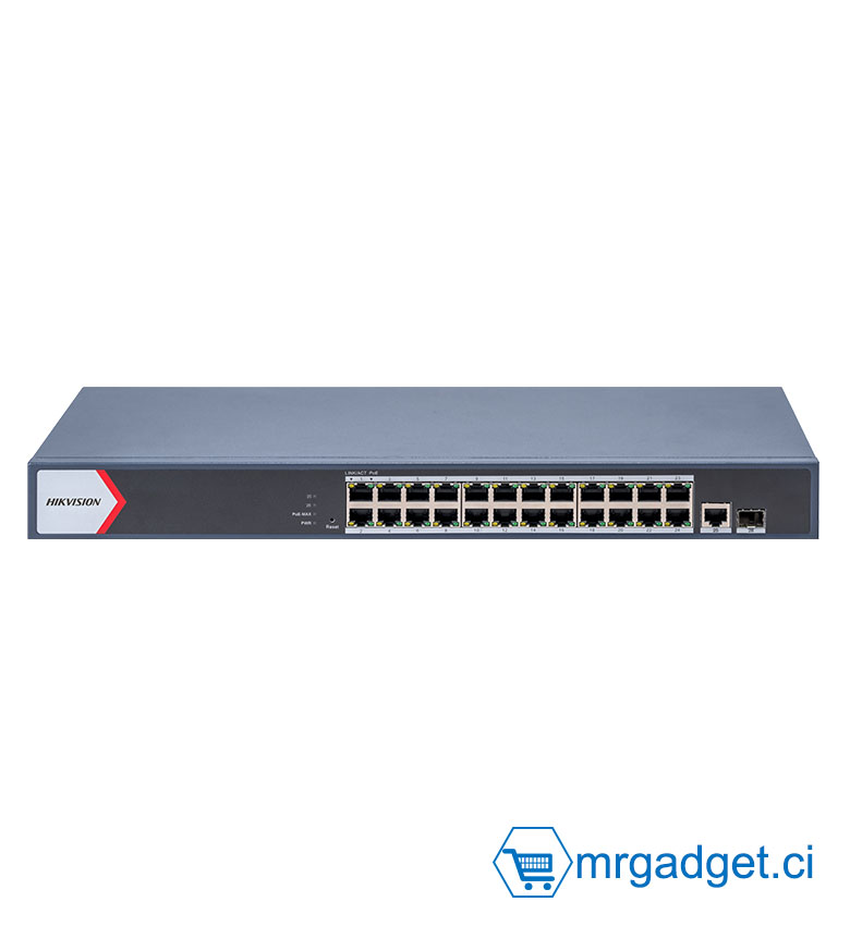 Hikvision DS-3E1526P-EI - Switch Smart Managé PoE 24 Ports Gigabit - 2 Uplinks SFP - Budget PoE 370W - Technologie PoE Watchdog et Gestion Hik-Partner Pro - Idéal pour Réseau Caméras de Surveillance IP