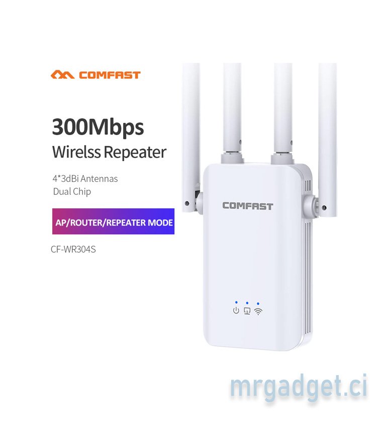 Comfast Amplificateur Wifi Sans Fil - Répéteur Wifi domestique 300-2100Mbps, 4 antennes, 2.4 Ghz, avec Port LAN/WAN, routeur sans fil