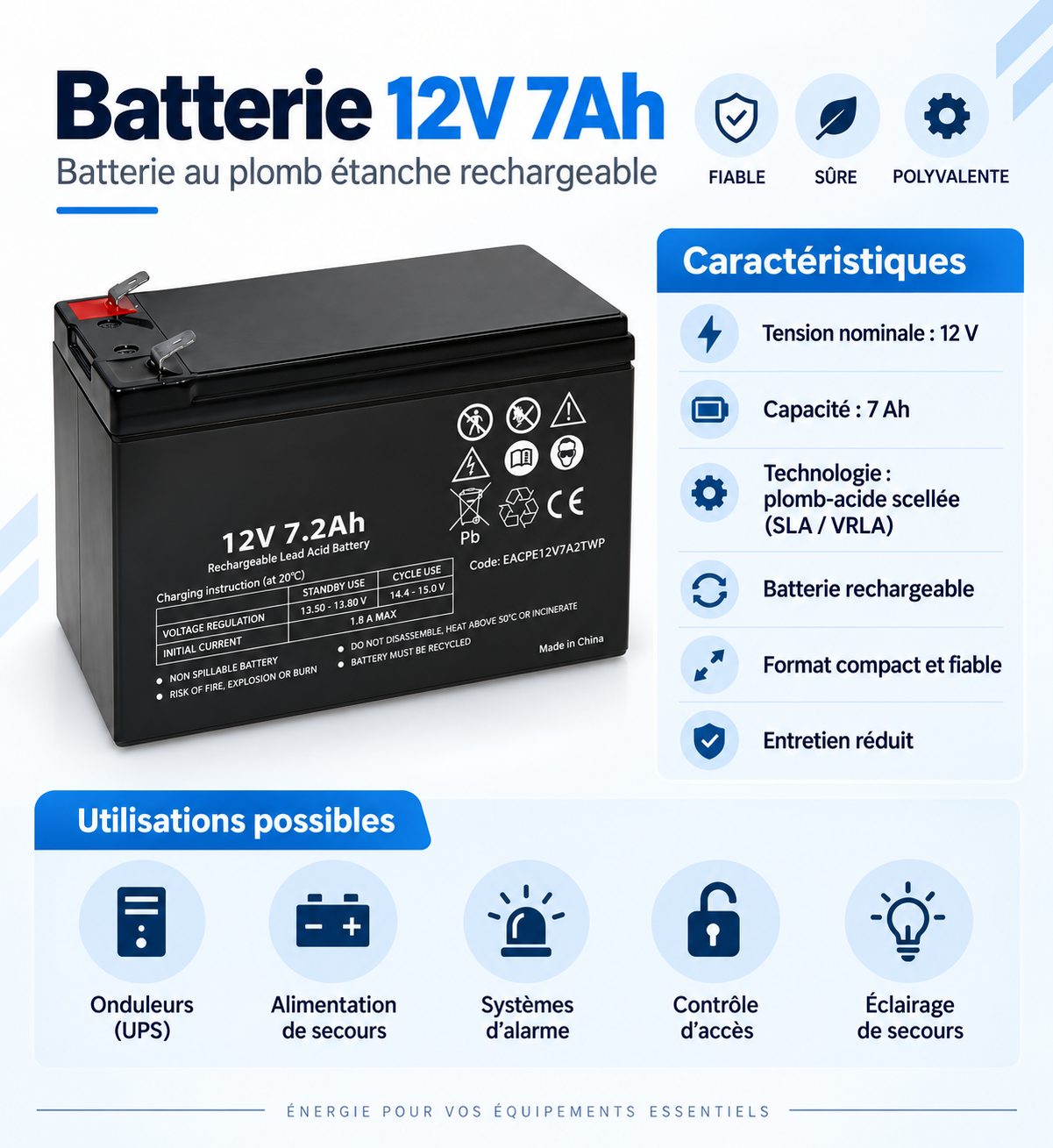 Batterie Sécurité au Plomb Power Systems 12V 7Ah Étanche