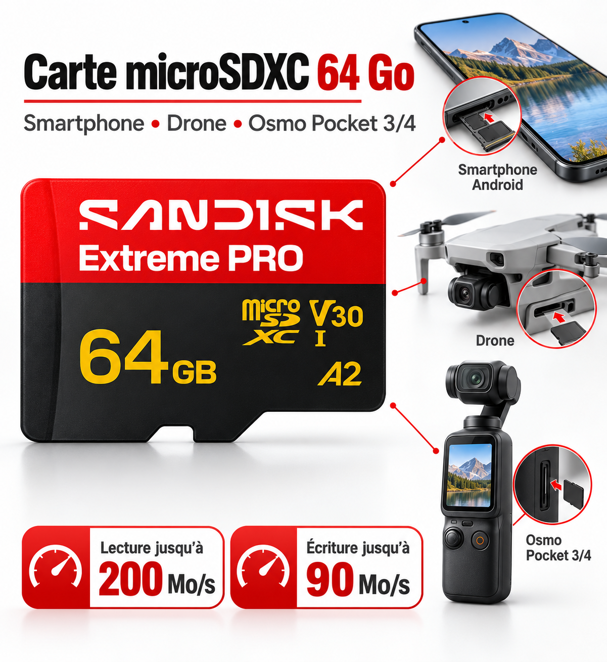 SanDisk Extreme PRO 64 Go - Carte microSDXC + Adaptateur SD, A2, jusqu'à 200 Mo/s, Classe 10, U3, V30