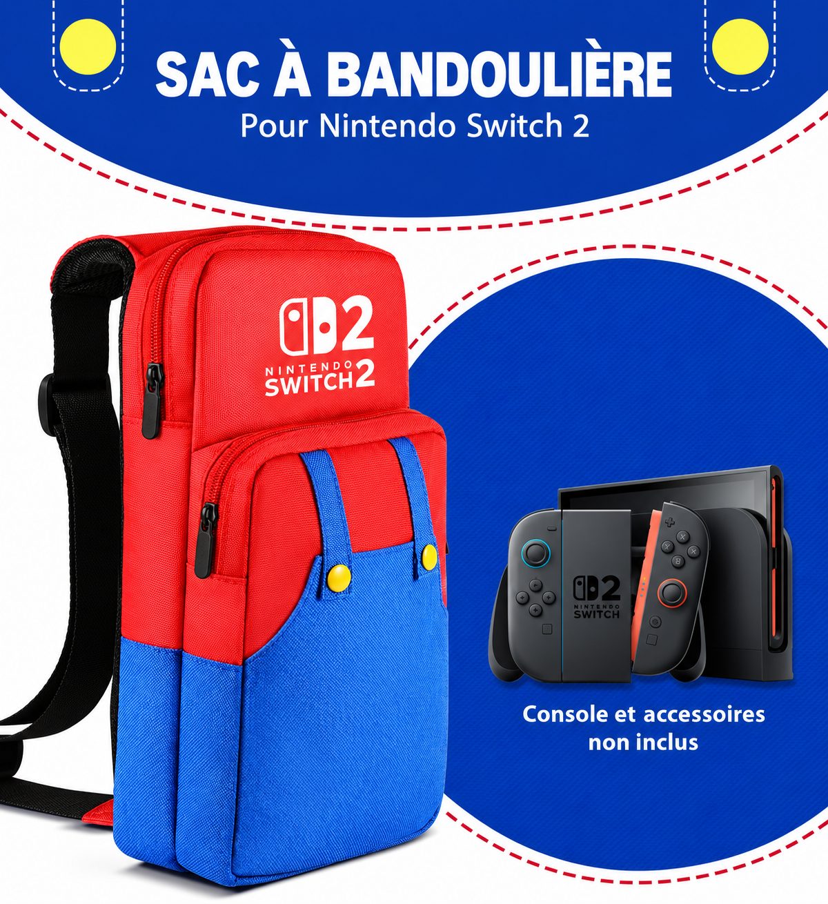 Sac de transport à bandoulière Nintendo Switch 2 – Nylon rouge et bleu, style Mario, rangements zippés