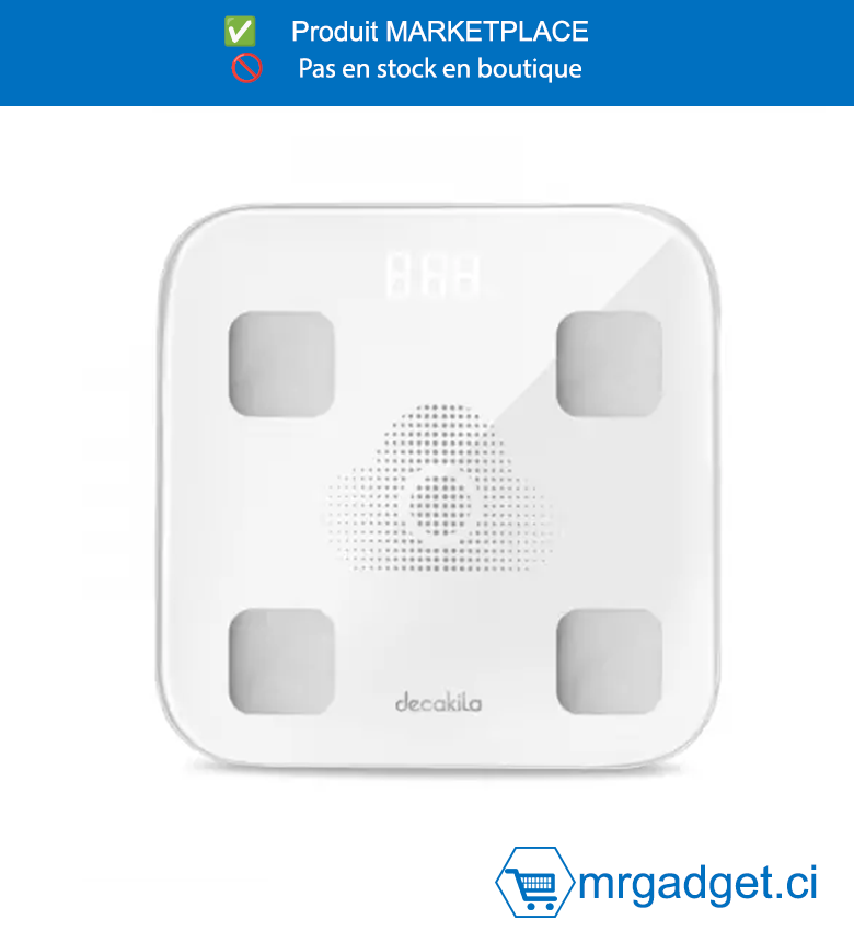 DECAKILA- KMTT008W-BALANCE DE GRAISSE  CORPORELLE INTELLIGENTE, Conception à grand angle R de 7 mm Avec  affichage LED Pile alcaline incluse Verre  antidéflagrant
