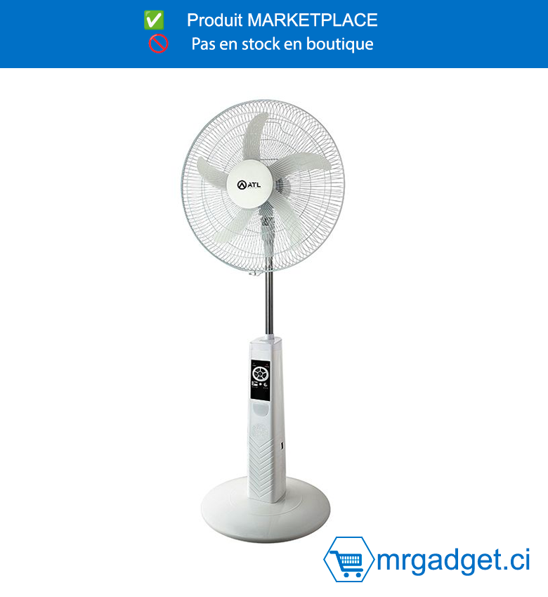 ATL Ventilateur Sur Pied Atl 18" - Rechargeable - Telecommande - 05 Helices - 3 Vitesses - 220V - 50 Hz - 40W - Blanc - 01 Pcs - Crt - ATLVENT-1840RB